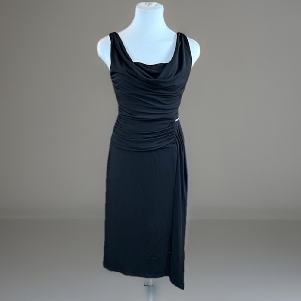 Black size 4 ruched evening cocktail dress